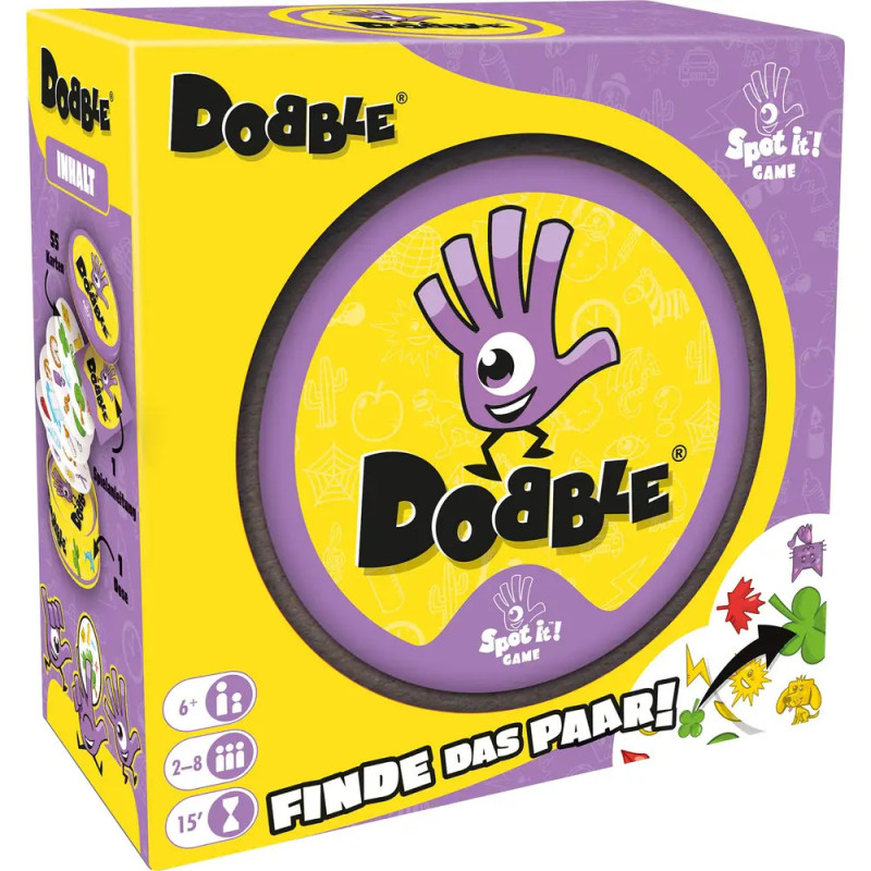 Gelbe Dobble-Spielschachtel mit lila Hand-Logo und dem deutschen Schriftzug Finde das Paar! auf der Vorderseite.