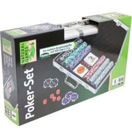Pokerset mit Chips, Spielkarten und Alukoffer, beschriftet mit Natural Games Poker-Set.
