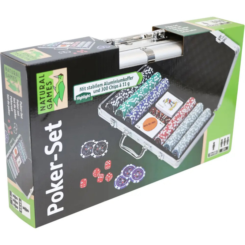 Pokerset mit Chips, Spielkarten und Alukoffer, beschriftet mit Natural Games Poker-Set.