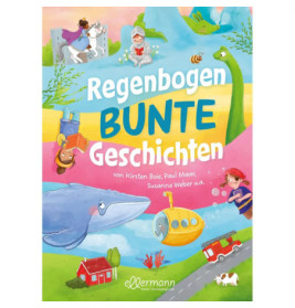 Buntes deutsches Kinderbuchcover mit Tieren, einem Drachen, einem Ritter und verspielten Illustrationen.
