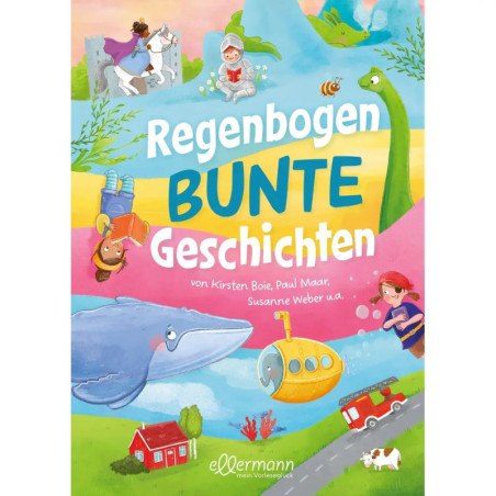 Buntes deutsches Kinderbuchcover mit Tieren, einem Drachen, einem Ritter und verspielten Illustrationen.