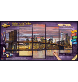 Malset New York Skyline bei Sonnenuntergang mit Farben, Pinseln und Hand beim Malen auf Leinwand.