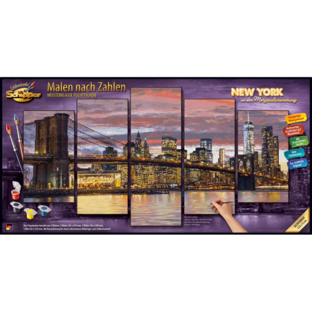 Malset New York Skyline bei Sonnenuntergang mit Farben, Pinseln und Hand beim Malen auf Leinwand.