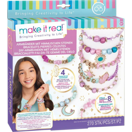 DIY-Armband-Set mit bunten Perlen, Anhängern und einem lächelnden Mädchen mit fertigen Armbändern.