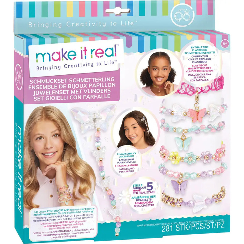 Schmuckbastelset-Box mit Mädchen, die Schmetterlingsarmbänder tragen, Aufschrift make it real. Schmuckbastelset-Box mit Mädchen, die Schmetterlingsarmbänder tragen, Aufschrift make it real.