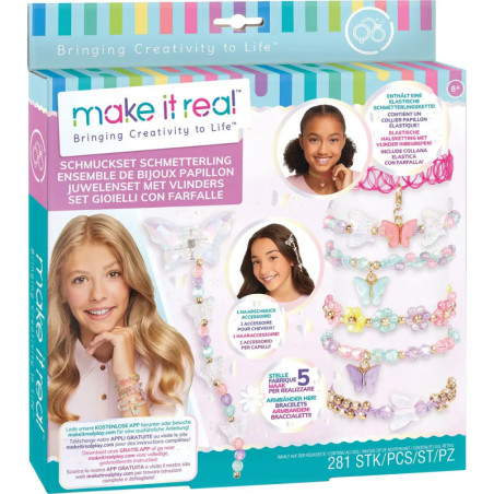 Schmuckbastelset-Box mit Mädchen, die Schmetterlingsarmbänder tragen, Aufschrift make it real.
