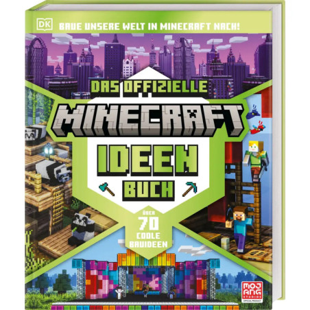 Cover von Das offizielle Minecraft Ideen Buch mit Spielszenen, deutschem Text und blockigem Design.