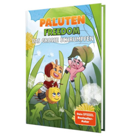Cartoonfiguren erleben im hohen Gras ein Abenteuer auf dem Cover von Paluten Freedom: Das Große Schrumpfen.