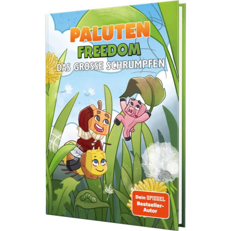 Cartoonfiguren erleben im hohen Gras ein Abenteuer auf dem Cover von Paluten Freedom: Das Große Schrumpfen.