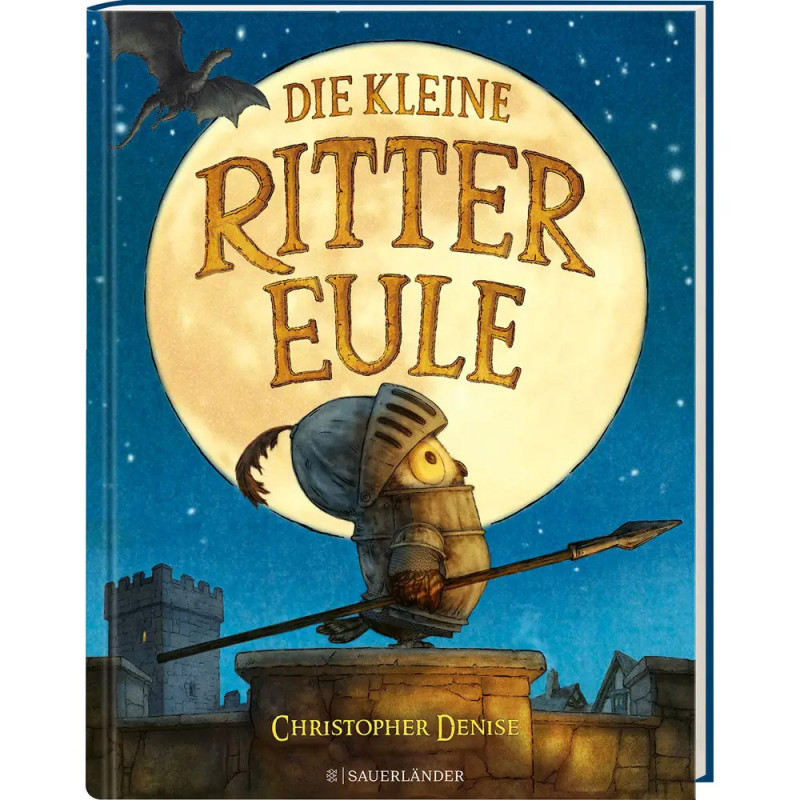 Eine Eule in Ritterrüstung sitzt auf einem Ast. Im Hintergrund Vollmond und Fledermaus. Deutscher Buchtitel. Eine Eule in Ritterrüstung sitzt auf einem Ast. Im Hintergrund Vollmond und Fledermaus. Deutscher Buchtitel.