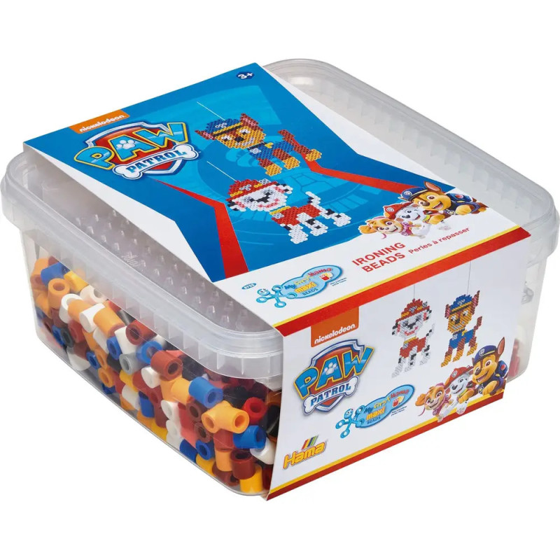 Kunststoffbox mit PAW Patrol Hama Bügelperlen, Deckel zeigt Figuren und Perlenmotive.