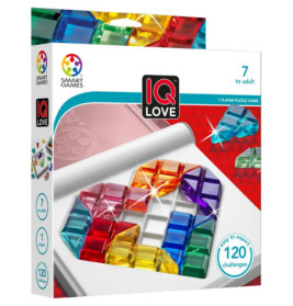 IQ Love-Puzzlespiel mit bunten, transparenten Teilen und 120 Aufgaben, geeignet für Kinder ab 7 Jahren und Erwachsene.