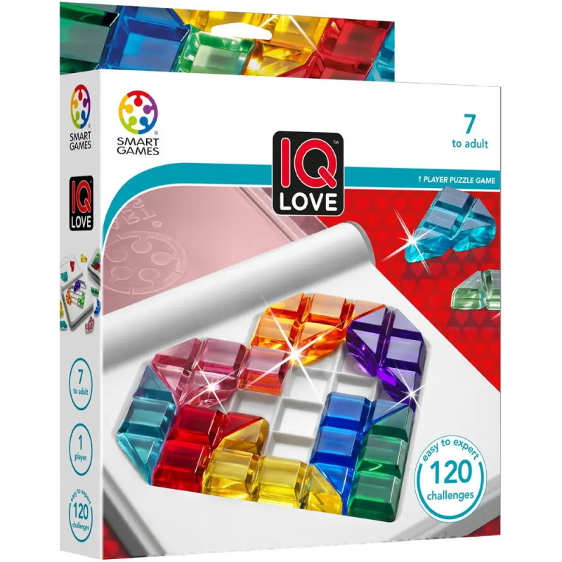 IQ Love-Puzzlespiel mit bunten, transparenten Teilen und 120 Aufgaben, geeignet für Kinder ab 7 Jahren und Erwachsene.