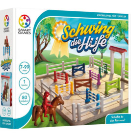 Brettspielschachtel mit Pferd, Reiter, Hindernissen und dem Titel Schwing die Hufe in bunten Grafiken.
