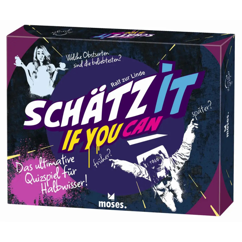 Spielbox von Schätz It If You Can mit buntem Schriftzug und Illustrationen von Menschen sowie Quizgrafiken. Spielbox von Schätz It If You Can mit buntem Schriftzug und Illustrationen von Menschen sowie Quizgrafiken.