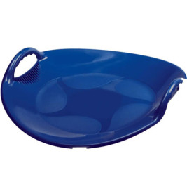 Blauer Schneeteller aus Kunststoff mit seitlichen Griffen.
