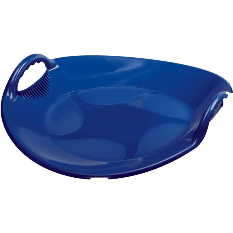 Blauer Schneeteller aus Kunststoff mit seitlichen Griffen.