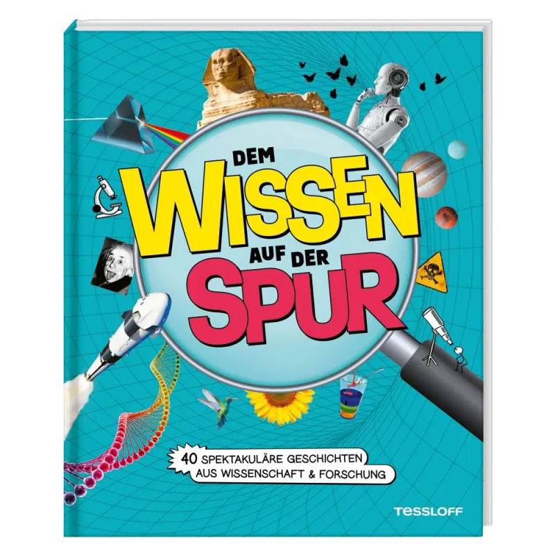 Buchcover Dem Wissen auf der Spur mit Wissenschaftsabbildungen wie Rakete, Mikroskop und Astronauten. Buchcover Dem Wissen auf der Spur mit Wissenschaftsabbildungen wie Rakete, Mikroskop und Astronauten.