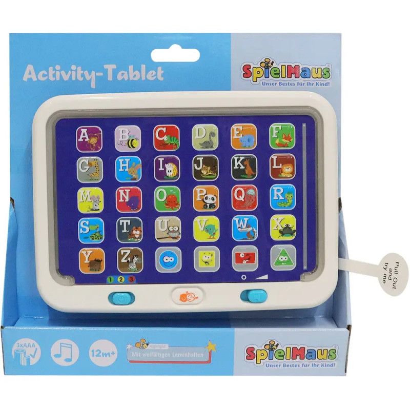 Kindertablet mit Buchstabentasten, bunten Tierbildern und SpielMaus-Logo auf der Verpackung. Kindertablet mit Buchstabentasten, bunten Tierbildern und SpielMaus-Logo auf der Verpackung.