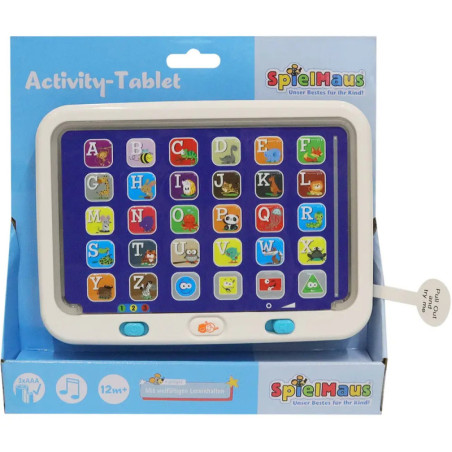 Kindertablet mit Buchstabentasten, bunten Tierbildern und SpielMaus-Logo auf der Verpackung.