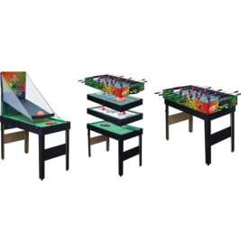 Dreifacher Spieltisch als Basketball-, Kicker- und Airhockey-Version gestapelt und einzeln aufgebaut.