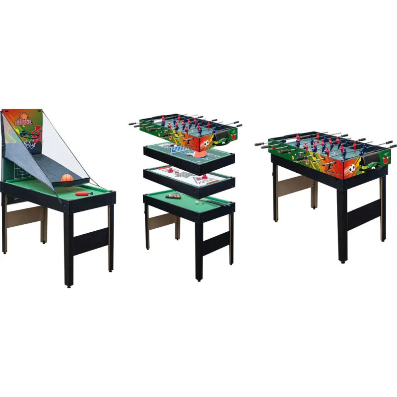 Dreifacher Spieltisch als Basketball-, Kicker- und Airhockey-Version gestapelt und einzeln aufgebaut. Dreifacher Spieltisch als Basketball-, Kicker- und Airhockey-Version gestapelt und einzeln aufgebaut.