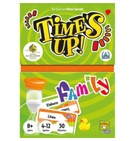 Aufstehen! Familien Brettspiel-Box mit Karten, Sanduhr und farbenfrohem, verspieltem Schriftzug.
