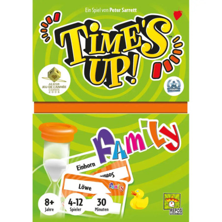 Aufstehen! Familien Brettspiel-Box mit Karten, Sanduhr und farbenfrohem, verspieltem Schriftzug.