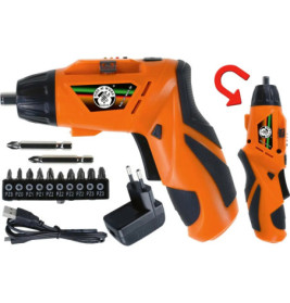 Oranges Akku-Schrauberset mit Bits, Ladegerät und Adapter Griff in gedrehter Position abgebildet.