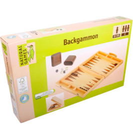 Box der Natural Games Backgammon-Ausgabe mit Abbildung von Holzspielbrett und Spielsteinen auf der Verpackung.