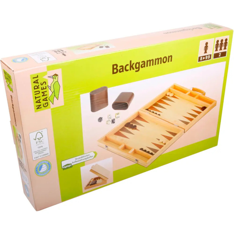 Box der Natural Games Backgammon-Ausgabe mit Abbildung von Holzspielbrett und Spielsteinen auf der Verpackung.
