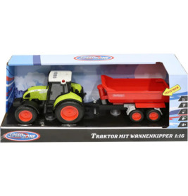 Spielzeugtraktor mit rotem Anhänger in Verpackung Traktor mit Wannenkipper 1:16, geeignet ab 4 Jahren.