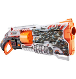 Spielzeug-Dartblaster in Grau, Orange und Weiß mit rotierender Trommel und futuristischem Design.