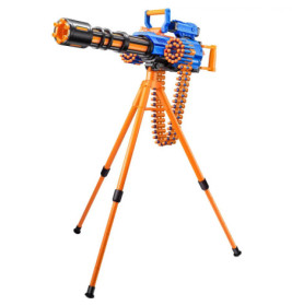 Spielzeug-Dart-Gatling mit Gurt auf orangefarbenem Stativ, blau-orange Farben.