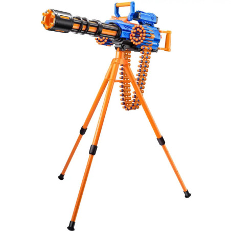 Spielzeug-Dart-Gatling mit Gurt auf orangefarbenem Stativ, blau-orange Farben.