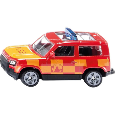 Spielzeug-Feuerwehr-SUV mit rot-gelbem Schachbrettmuster und blauem Dachsignal.