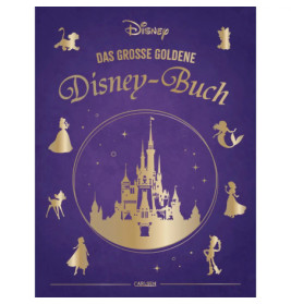 Lila Buchcover mit goldenem Disney-Schloss, Silhouetten von Disney-Figuren und deutschem Titel.