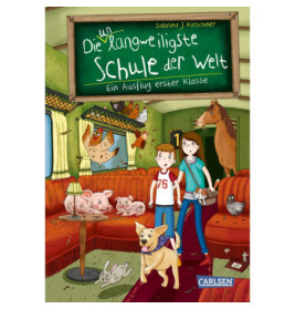 Zwei Kinder stehen in einem Zugwaggon, umgeben von Tieren wie Pferd, Schweinen, Eulen und einem Hund.