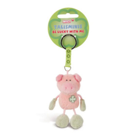 Plüsch-Schweineanhänger mit grünem vierblättrigem Kleeblatt und Aufschrift: Talismis - Viel Glück mit mir.