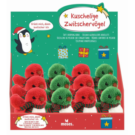 Karton mit roten und grünen Plüschvögeln mit Schals, Aufdruck Kuschelige Zwitschervögel, Pinguin-Abbildung.