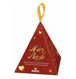 Rote Pyramidenbox mit goldenen Herzen, Schriftzug Herz Puzzle und gelber Schlaufe oben.