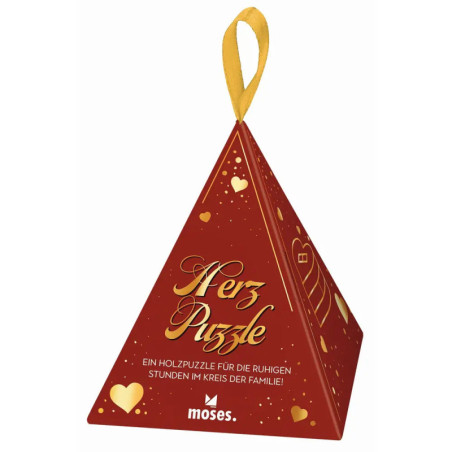 Rote Pyramidenbox mit goldenen Herzen, Schriftzug Herz Puzzle und gelber Schlaufe oben.