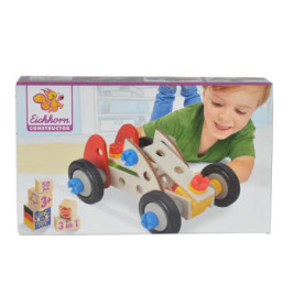 Eichhorn Constructor-Spielzeugbox mit Kind, das auf der Verpackung mit einem bunten Holzauto-Bausatz spielt.