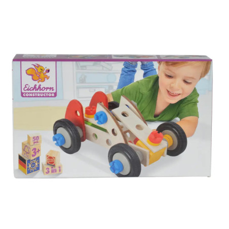 Eichhorn Constructor-Spielzeugbox mit Kind, das auf der Verpackung mit einem bunten Holzauto-Bausatz spielt.