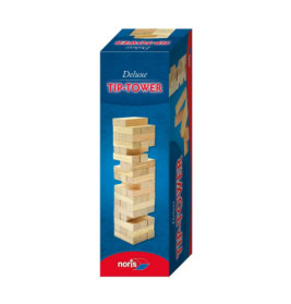 Blaue Box des Noris Deluxe Tip-Tower-Spiels mit Abbildung eines Holzturms auf der Vorderseite.