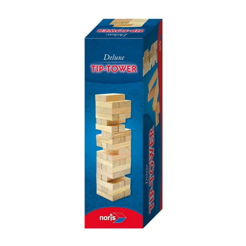 Blaue Box des Noris Deluxe Tip-Tower-Spiels mit Abbildung eines Holzturms auf der Vorderseite.