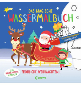 Santa im Schlitten mit Geschenken, Rentieren und Elf Cover vom magischen Wassermalbuch Weihnachten.