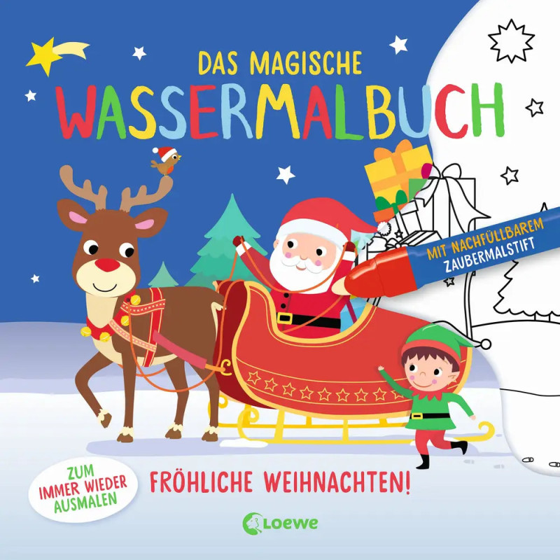 Santa im Schlitten mit Geschenken, Rentieren und Elf Cover vom magischen Wassermalbuch Weihnachten.