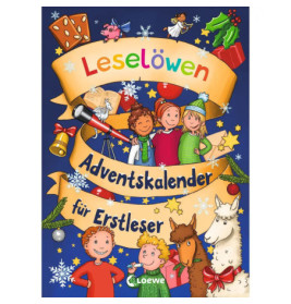 Buntes Adventskalender-Cover mit lachenden Kindern, Tieren, Geschenken und Deko auf blauem Hintergrund.