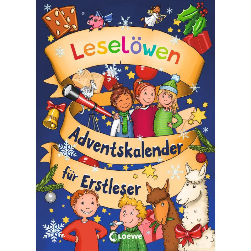 Buntes Adventskalender-Cover mit lachenden Kindern, Tieren, Geschenken und Deko auf blauem Hintergrund.